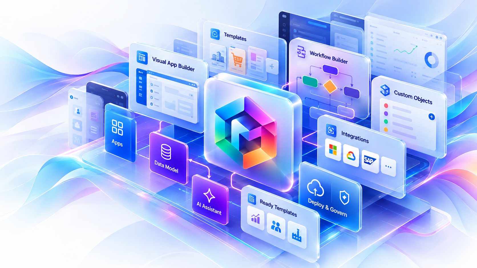 CentralMind Studio at the centre of glass panels for the app builder, workflows, templates, custom objects, integrations and deploy and govern